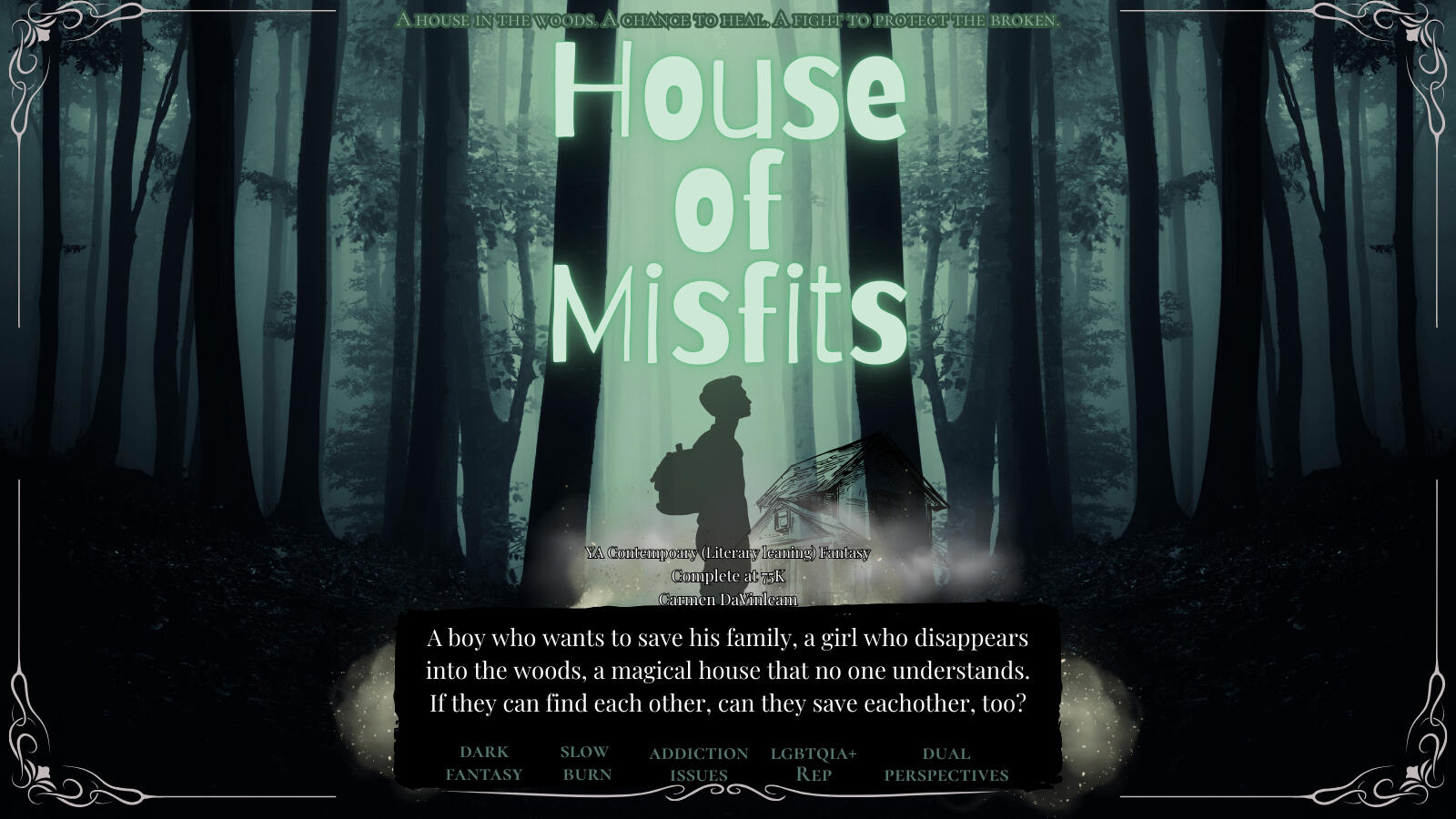 A Readers Guide - House of Misfits Cover, a shadowed boy standing in the woods with a misty background and trees, and a house that seems to disappear